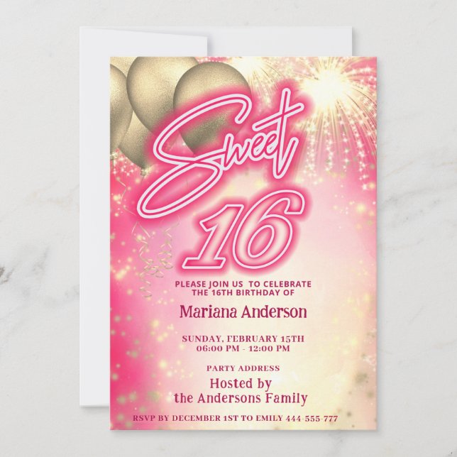 Cool fun  pink neon balloon sparkle fireworks  invitation (Front)