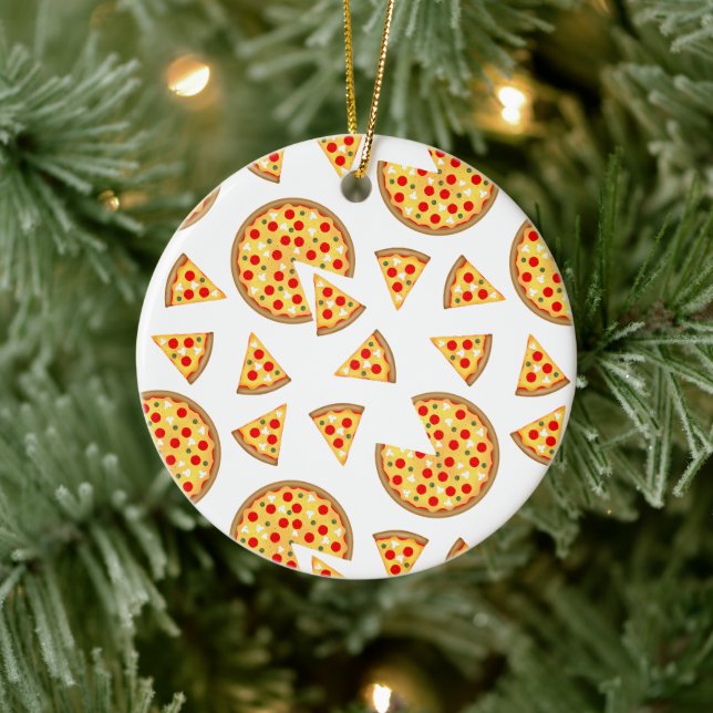 Cool fun pizza and slices pattern on white ceramic ornament (Tree)