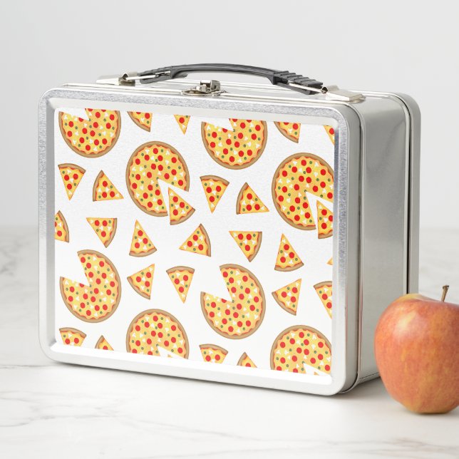 Cool fun pizza and slices pattern on white metal lunch box (In Situ)