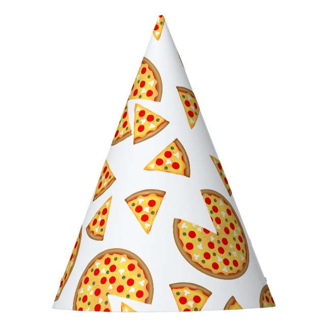 Cool fun pizza and slices pattern on white party hat (Front)