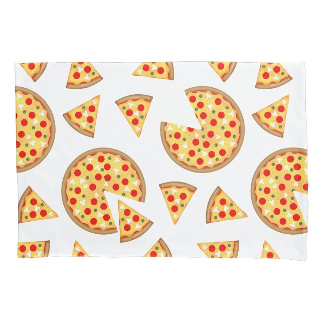 Cool fun pizza and slices pattern on white pillowcase (Front)