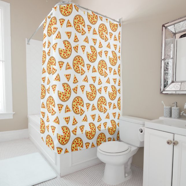 Cool fun pizza and slices pattern on white shower curtain (In Situ)