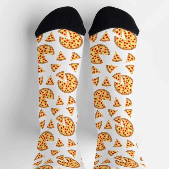 Cool fun pizza and slices pattern on white socks (Top)