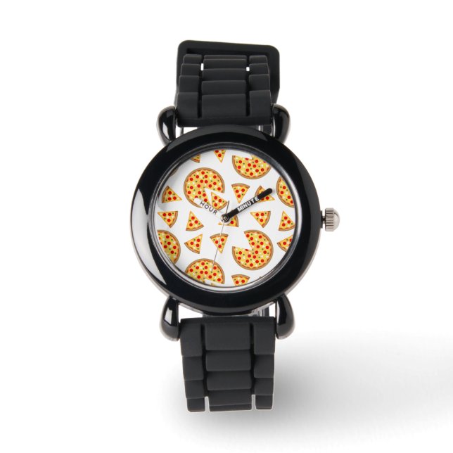Cool fun pizza and slices pattern on white watch (Front)