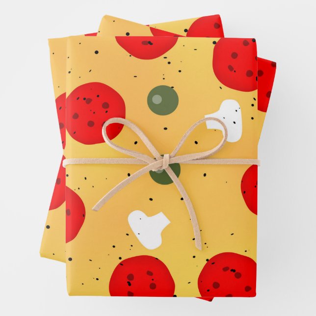 Cool fun pizza party pepperoni mushroom wrapping paper sheet (In situ)
