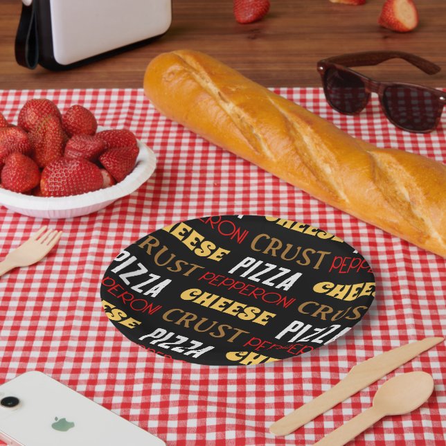 Cool fun pizza pepperoni cheese crust text pattern paper plate (Picnic)