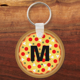 Cool fun pizza pepperoni mushroom Custom Monogram Key Ring