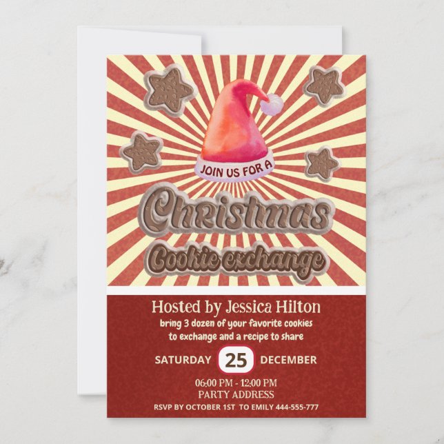 Cool fun retro santa hat cookie exchange party invitation (Front)