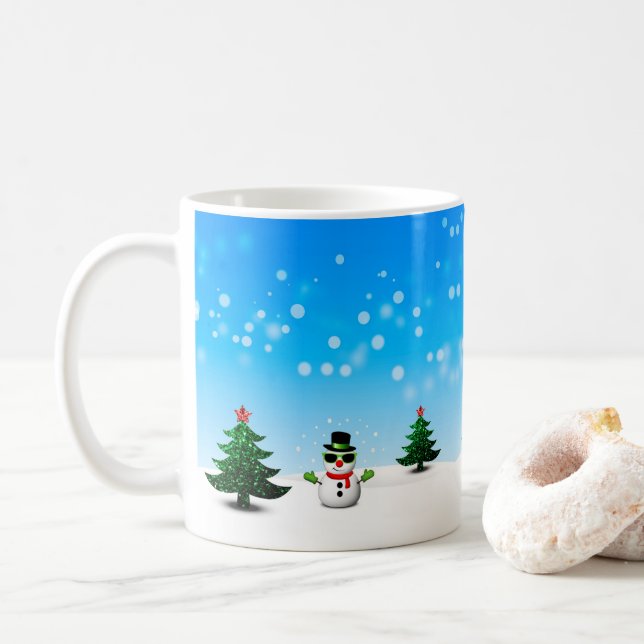 Cool fun Snowman Sparkly Christmas Trees blue Coffee Mug (With Donut)