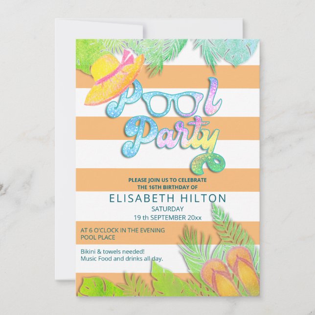 Cool fun summer script pool party birthday  invitation (Front)