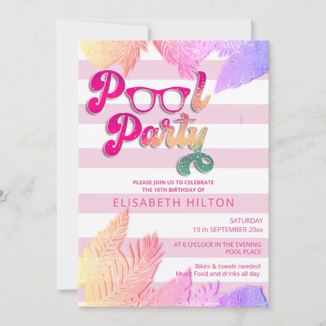 Cool fun summer script pool party birthday  invitation (Front)