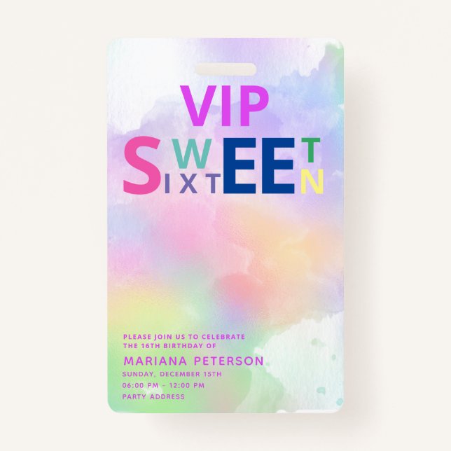 Cool fun teenage modern  typography VIP sweet 16 ID Badge (Front)