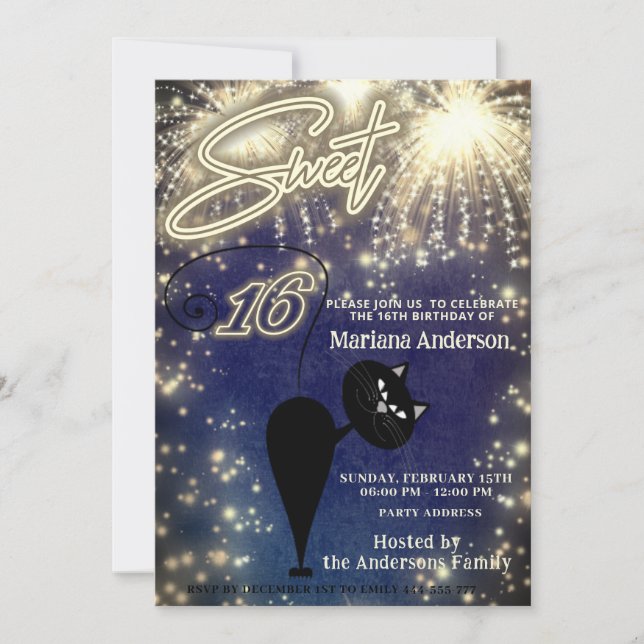 Cool fun whimsy cat balloon sparkle fireworks  invitation (Front)