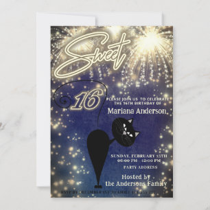 Cool fun whimsy cat balloon sparkle fireworks  invitation