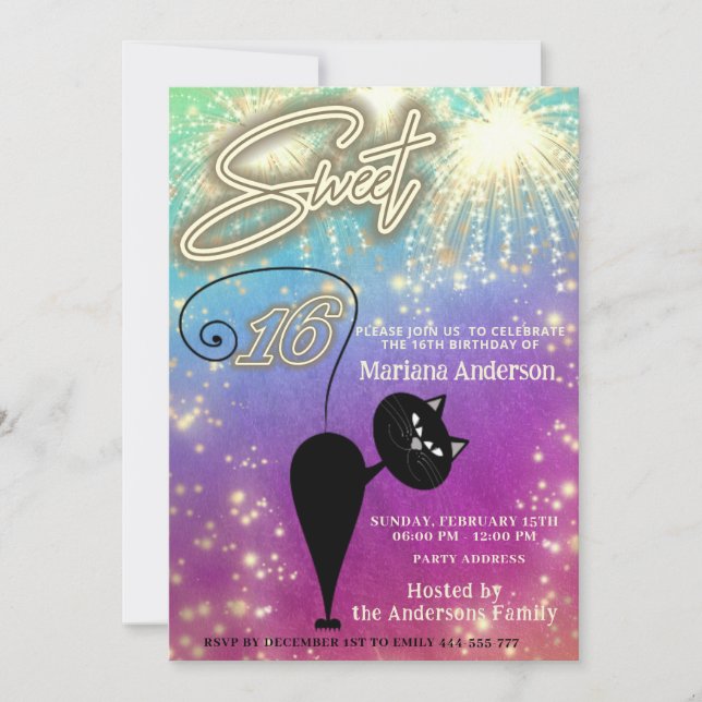 Cool fun whimsy cat balloon sparkle fireworks  invitation (Front)
