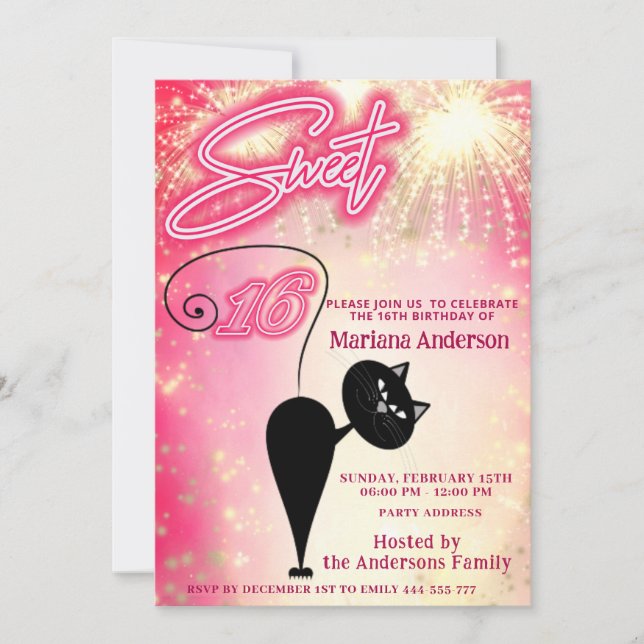 Cool fun whimsy cat balloon sparkle fireworks  invitation (Front)