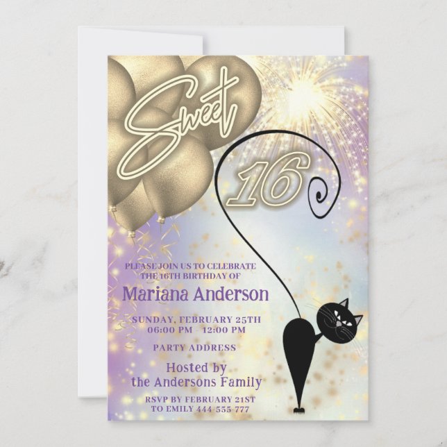 Cool fun whimsy cat balloon sparkle fireworks  invitation (Front)