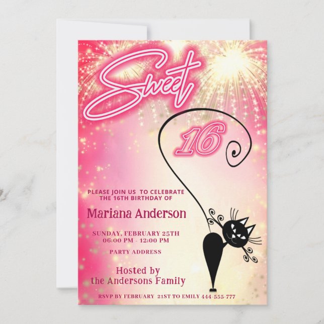 Cool fun whimsy cat balloon sparkle fireworks  invitation (Front)