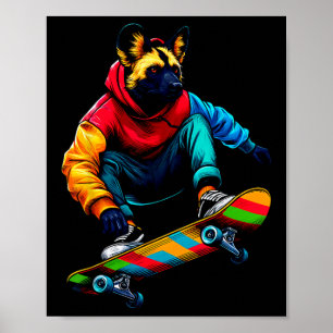 Cool Funky African Wild Dog Skateboarding Illustra Poster