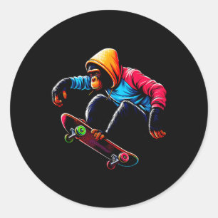 Cool Funky Bonobo Monkey Skateboarding Illustratio Classic Round Sticker