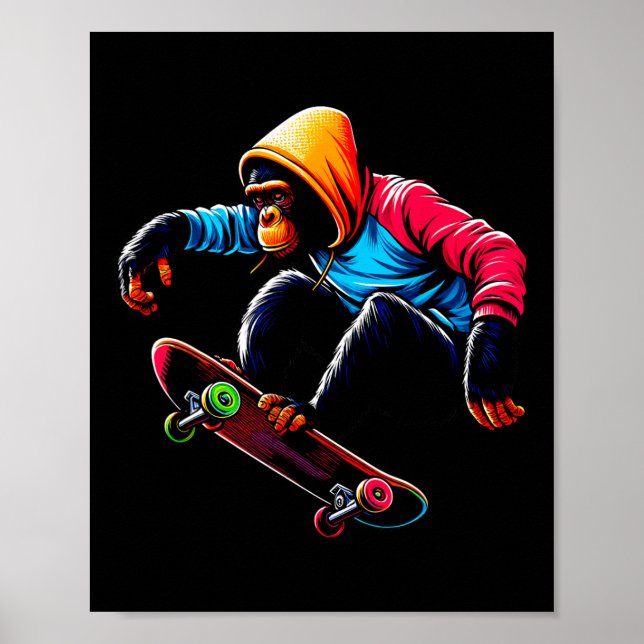 Cool Funky Bonobo Monkey Skateboarding Illustratio Poster (Front)