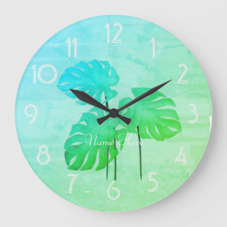 Cool Funky Bright Tropical Leaf Add Name Clock