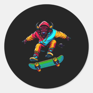 Cool Funky Buffalo Skateboarding Illustration Art Classic Round Sticker