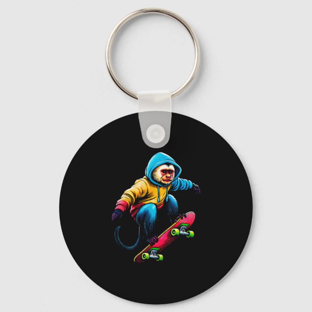 Cool Funky Capuchin Monkey Skateboarding Illustrat Key Ring (Front)