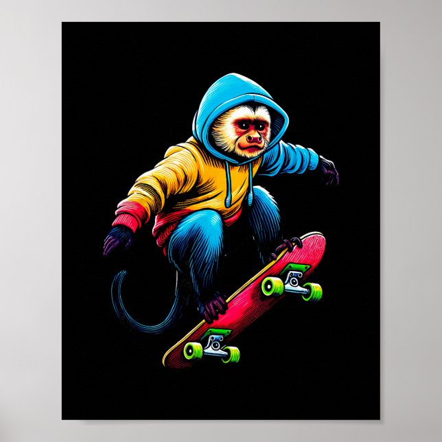 Cool Funky Capuchin Monkey Skateboarding Illustrat Poster (Front)