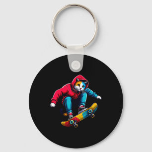 Cool Funky Cat Skateboarding Cat Lover Illustratio Key Ring