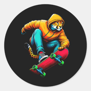 Cool Funky Cheetah Skateboarding Illustration Art Classic Round Sticker