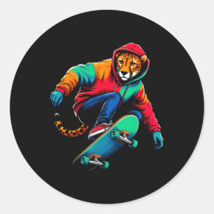 Cool Funky Cheetah Skateboarding Illustration Art Classic Round Sticker