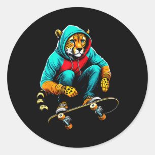 Cool Funky Cheetah Skateboarding Illustration Art Classic Round Sticker