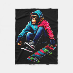 Cool Funky Chimpanzee Skateboarding Illustration A Fleece Blanket