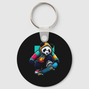 Cool Funky Giant Panda Skateboarding Illustration Key Ring