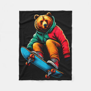 Cool Funky Grizzly Bear Skateboarding Illustration Fleece Blanket