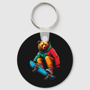 Cool Funky Grizzly Bear Skateboarding Illustration Key Ring