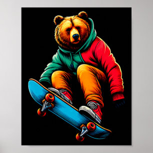 Cool Funky Grizzly Bear Skateboarding Illustration Poster