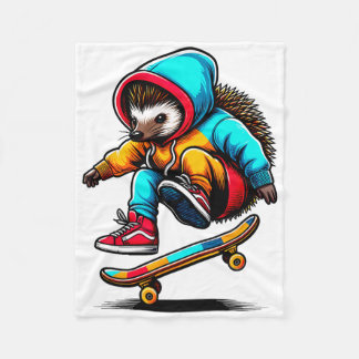 Cool Funky Hedgehog Skateboarding Illustration Art Fleece Blanket