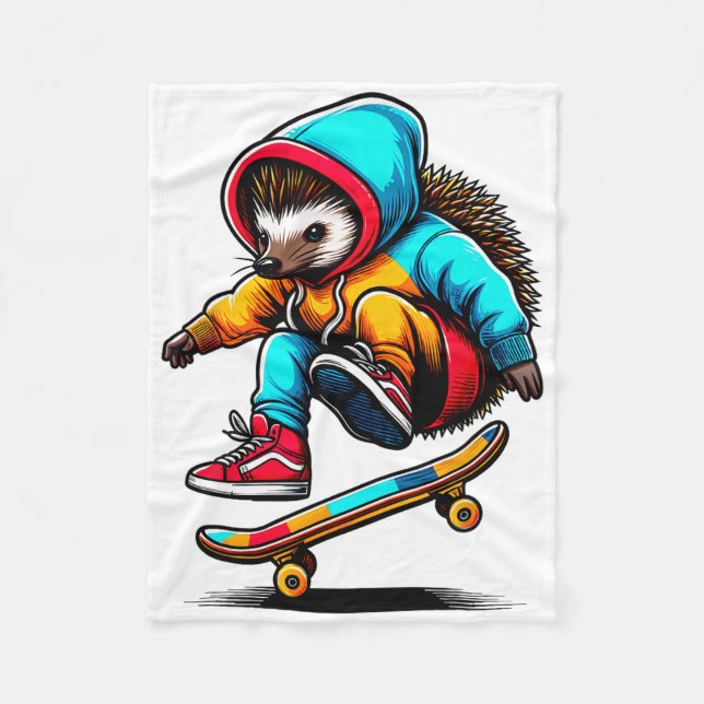 Cool Funky Hedgehog Skateboarding Illustration Art Fleece Blanket (Front)