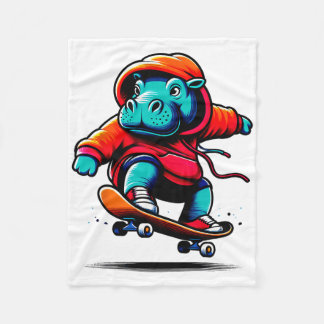 Cool Funky Hippopotamus Skateboarding Illustration Fleece Blanket