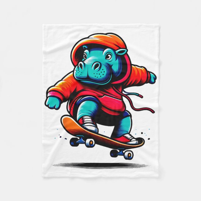 Cool Funky Hippopotamus Skateboarding Illustration Fleece Blanket (Front)