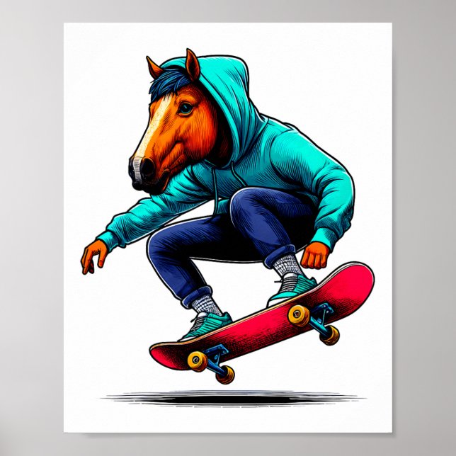 Cool Funky Horse Skateboarding Illustration Art  Poster (Front)