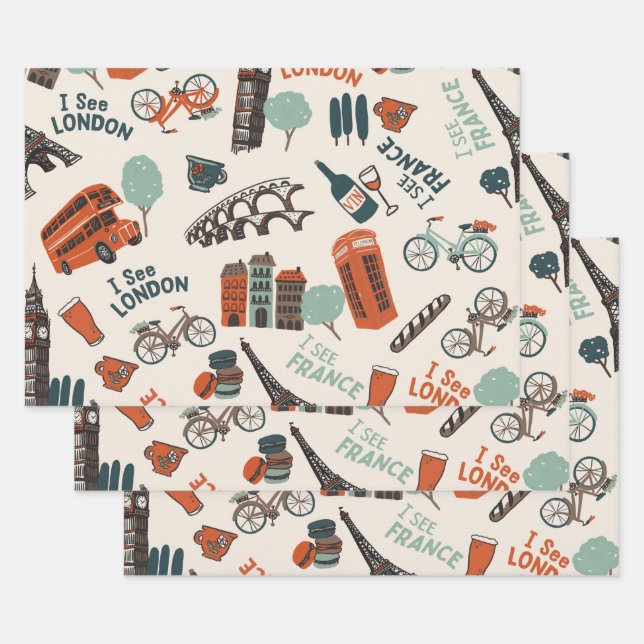 Cool & Funky "I See London, I See France" Pattern Wrapping Paper Sheet (Set)