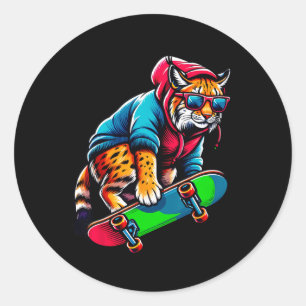 Cool Funky Lynx Skateboarding Illustration Art 1 Classic Round Sticker