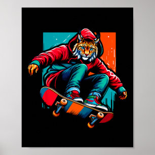 Cool Funky Lynx Skateboarding Illustration Art Poster