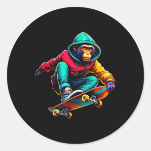 Cool Funky Macaque Skateboarding Illustration Art Classic Round Sticker