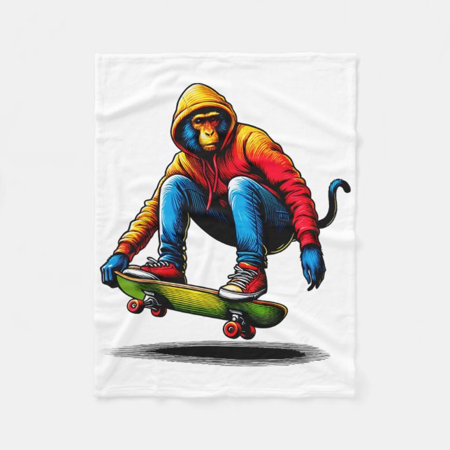 Cool Funky Macaque Skateboarding Illustration Art  Fleece Blanket (Front)