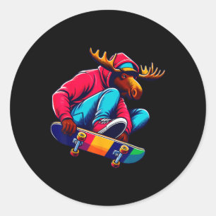 Cool Funky Moose Skateboarding Illustration Art 1  Classic Round Sticker