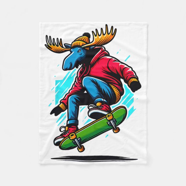 Cool Funky Moose Skateboarding Illustration Art  Fleece Blanket (Front)